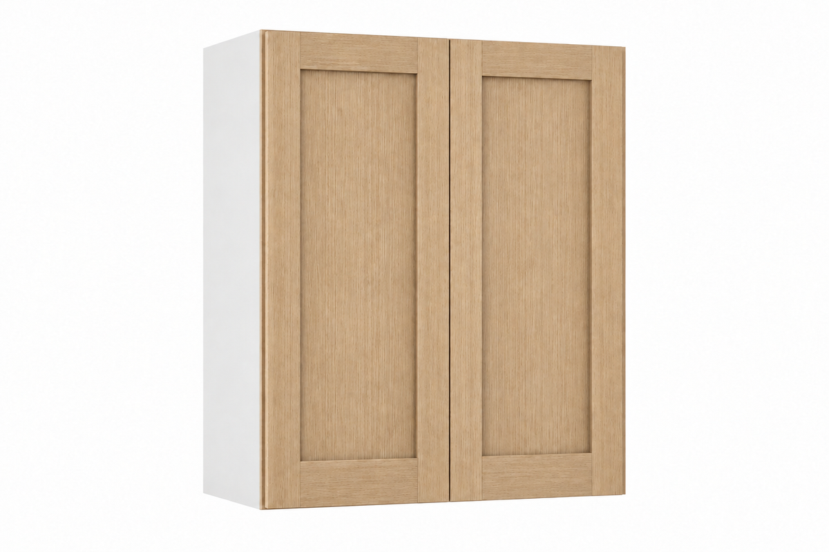 Rift Oak 30-inch-wide two-door stacker wall cabinet, 48 inches tall, with one panel in each door.