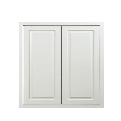 30" Tall Vintage White Inset Raised Panel Wall Cabinet - Double Door 24", 27", 30", 33"& 36"