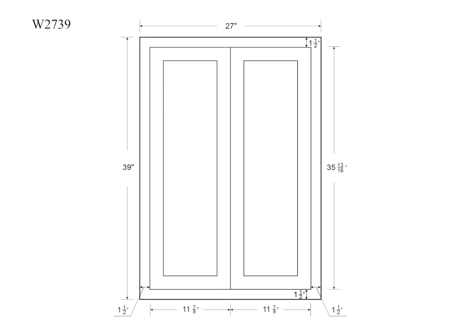 39" Tall Vintage White Inset Raised Panel Wall Cabinet - Double Door 24", 27", 30", 33" & 36"