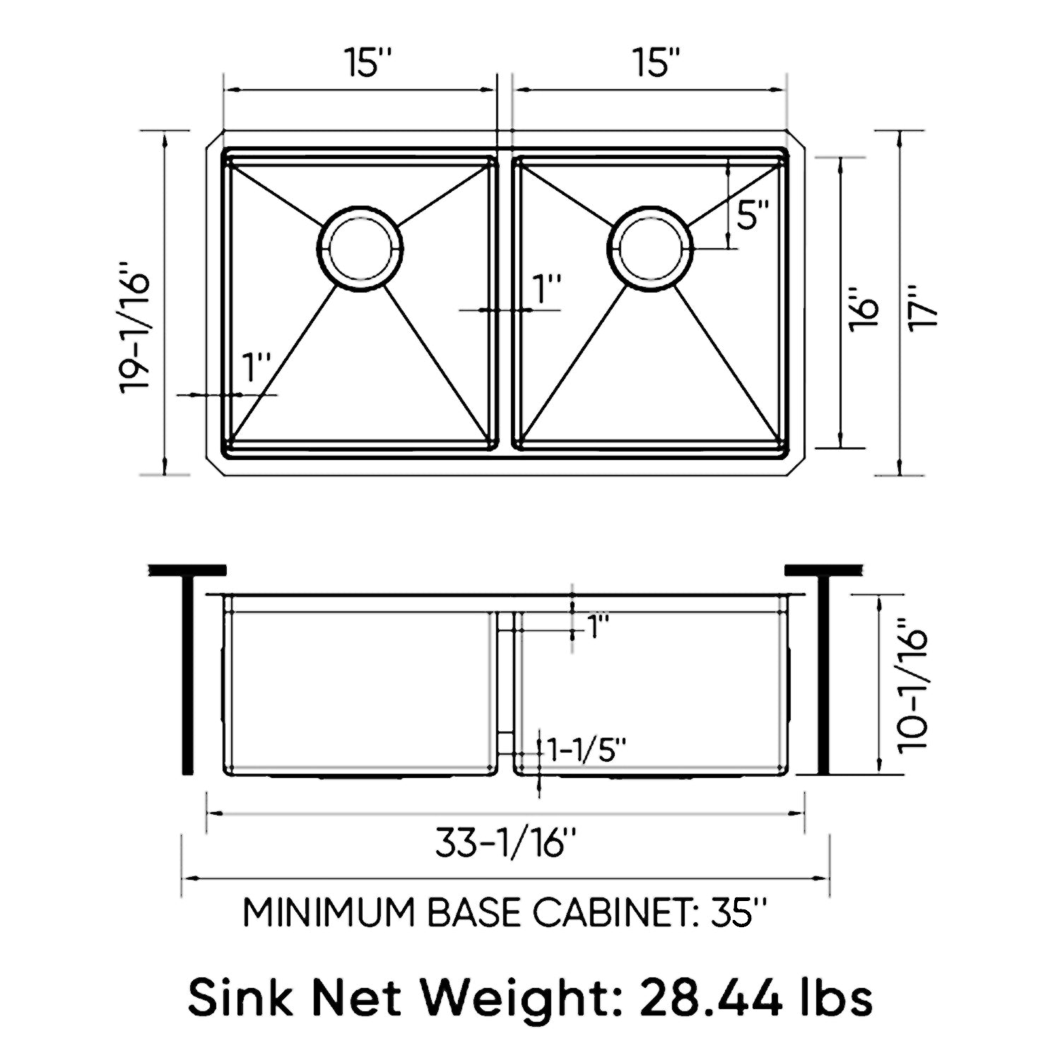 Stainless Steel Double Bowl Square Kitchen Sink 33" Wide