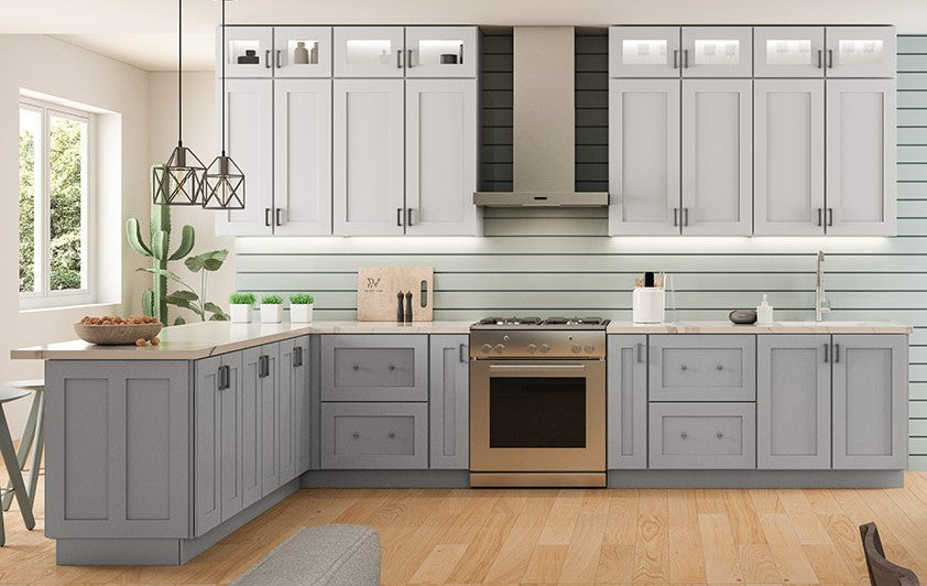 Overlay kitchen cabinets RTA light gray shaker
