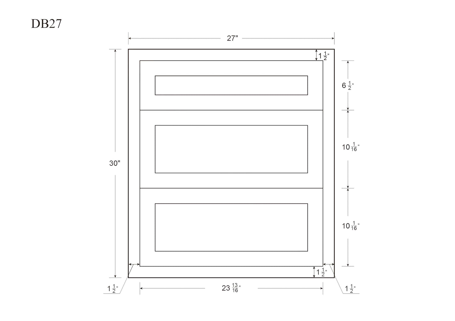 Drawer Base Cabinet - 12", 15", 18", 21", 24" & 27" Snow White Shaker Inset - Three Drawers