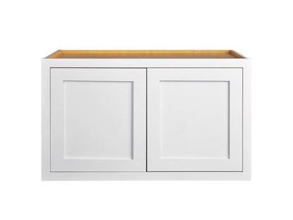 36" Wide Bridge Wall Cabinet - Double Door 12", 15", 18", 21" & 24" Tall Snow White Inset Shaker
