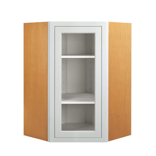 Diagonal Corner Snow White Inset Shaker Wall Cabinet - Single Door Glass 27" Wide