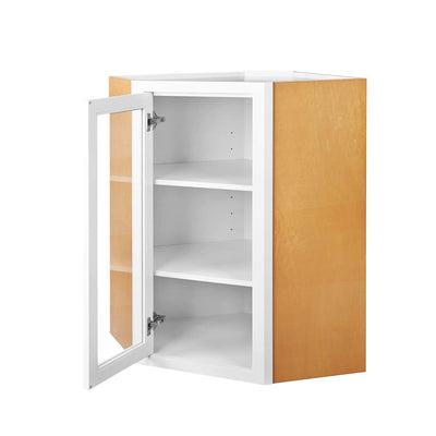 Diagonal Corner Wall Cabinet - Single Door Glass Ready 27" Wide Snow White Inset Shaker