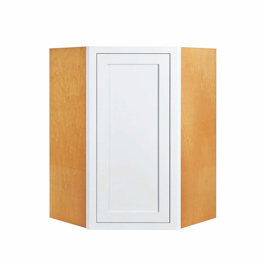 Diagonal Corner Wall Cabinet - Single Door  27" Wide 30" & 39" Tall  Snow White Inset Shaker