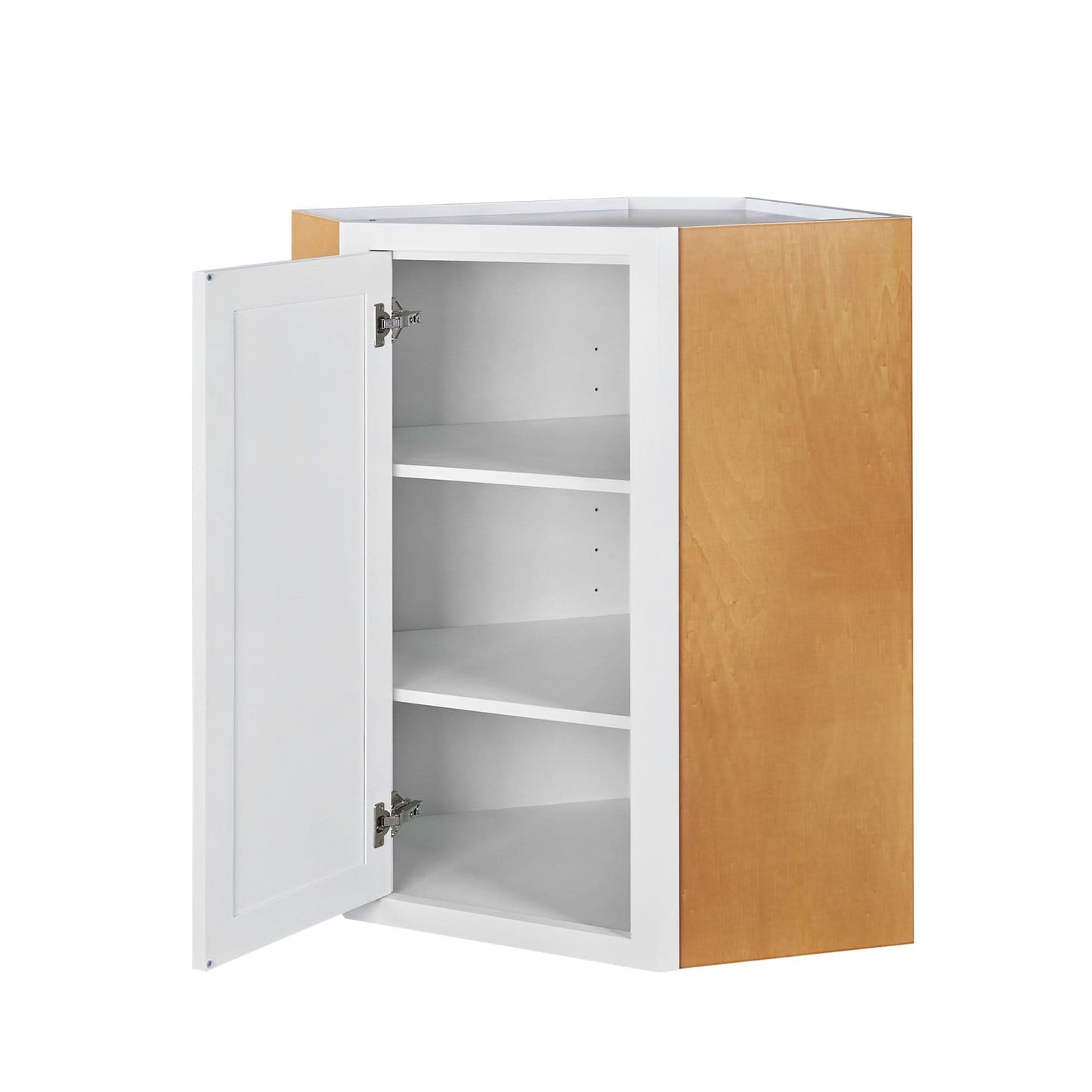 Diagonal Corner Wall Cabinet - Single Door  27" Wide 30" & 39" Tall  Snow White Inset Shaker