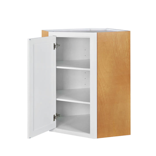 Diagonal Corner Wall Cabinet - Single Door  27" Wide 30" & 39" Tall  Snow White Inset Shaker