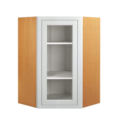 Diagonal Corner Vintage White Inset Raised Panel Wall Cabinet - Single Door Glass 27" Wide