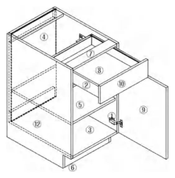 L-Box (Luxury) base cabinet construction diagram with numbered parts